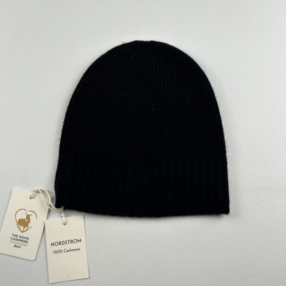 Nordstrom 100% Cashmere Rib Knit Beanie Hat Black One Size Soft Luxury NWT - Picture 4 of 10
